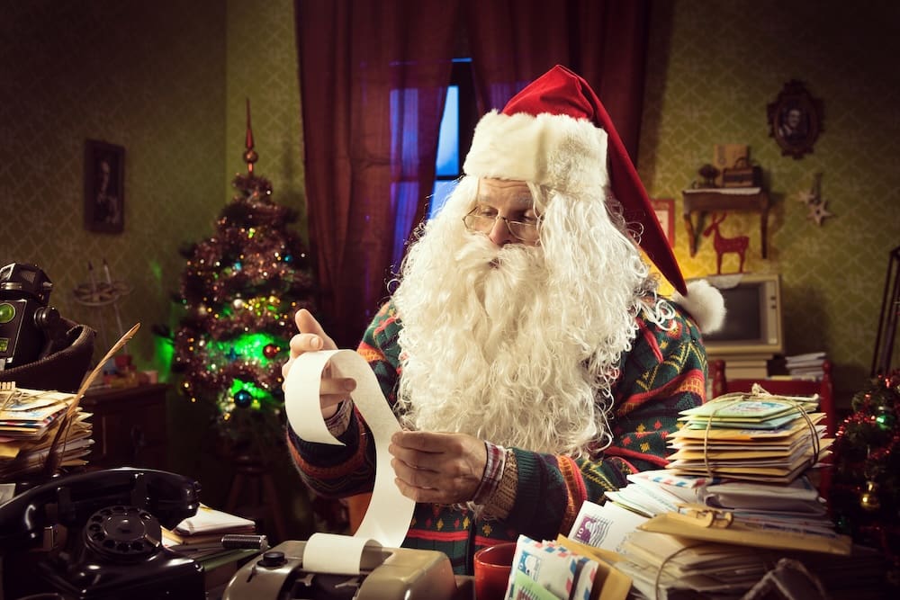 Santa looking at his accounts.