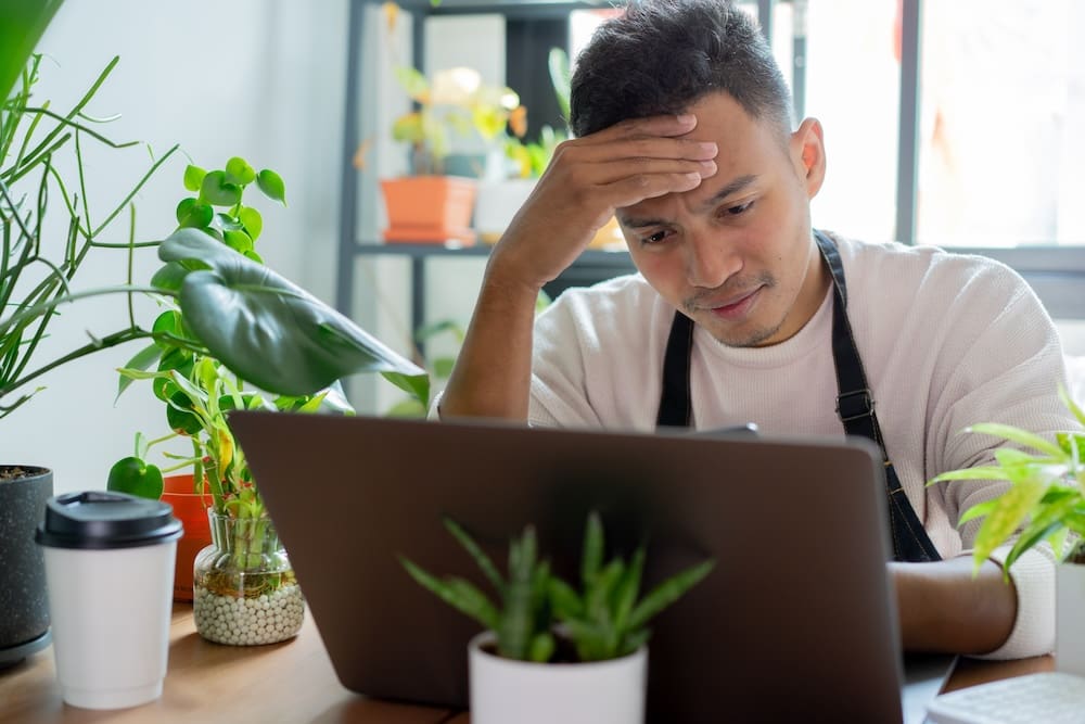 Business owner sitting at desk with laptop