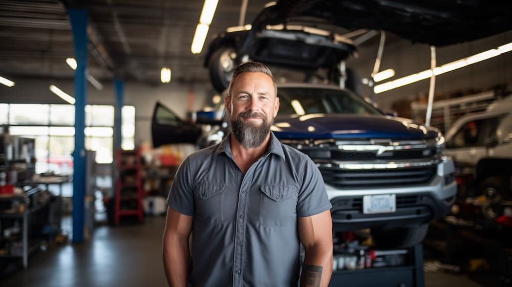Garage Owner standing in front of car.